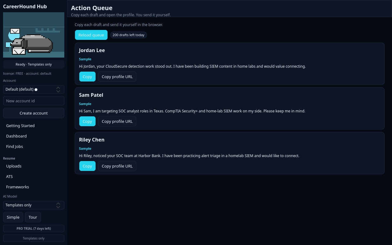 Action Queue with sample drafts, copy, and open-profile actions
