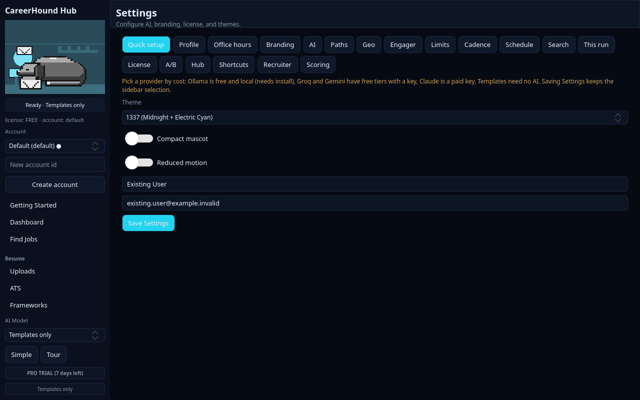 Settings including License and AI provider